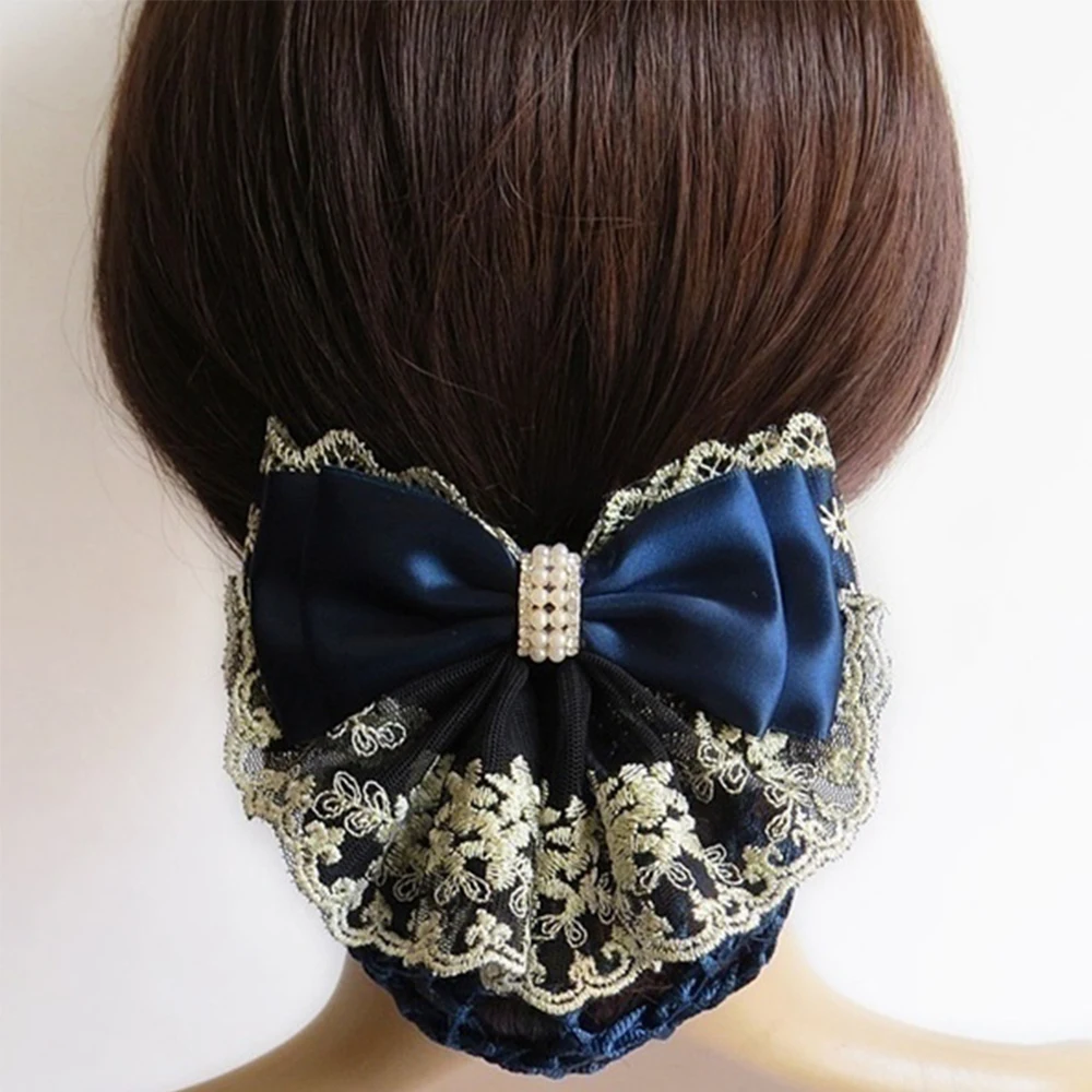 1pc Fashion Floral Lace Satin Bow Hair Net Barrette Professional Ladies