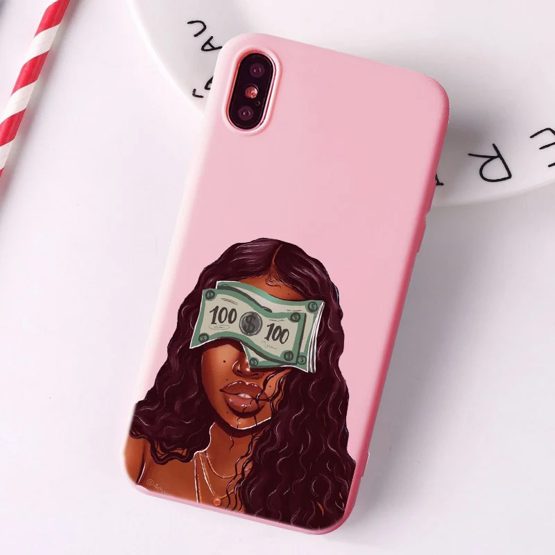 

MAKE MONEY Cash Black head Girl Fundas phone case for iPhone 11 Pro Max X XR XS 8 7 6s Plus Matte Candy Pink Silicone Cases