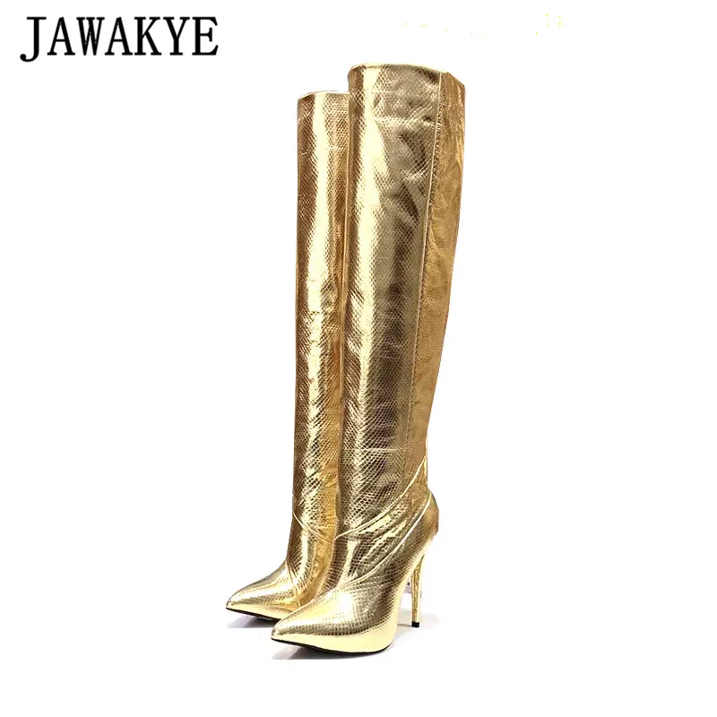 

New Gold Glossy Knee High Women Boots Slip On Pleated Pointy Toe Thin High Heels Stylish 11.5cm T Show Shoes Woman Dress Boots