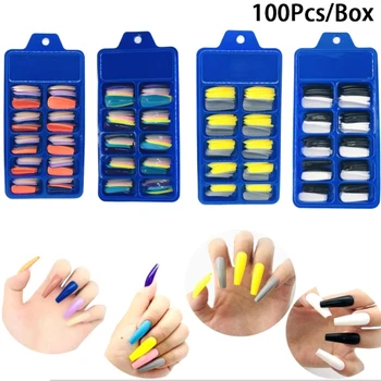 Cena 100 Cs/box Wielokrotnego Użytku Sztuczne Paznokcie Zestaw Tipsów Pełna Pokrywa Rainbow Matte Tipsy Z Wzorami Naciśnij Na Paznokcie Sztuka Fałszywe Porady Rozszerzenie