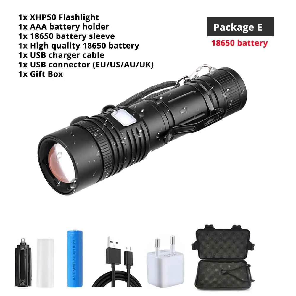 Powerful LED Flashlight XHP50 Lamp bead Support zoom 5 lighting modes Torch By 18650 or 26650 battery For outdoor activities - Испускаемый цвет: Package E(18650)