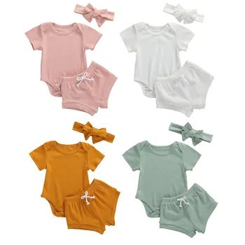 

Pudcoco US Stock 0-18M Baby Clothing Ribbed Suit Set Solid Color Short Sleeve Romper+Pants+Headband Girl 3Pcs Summer Clothing