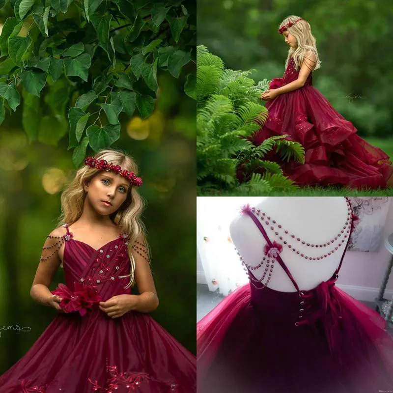 Burgundy Tulle Princess Flower Girls' Dresses for Weddings with Beading Embroidery 3D-Applique Long Sweep Pageant Party Gowns Birthday Dress