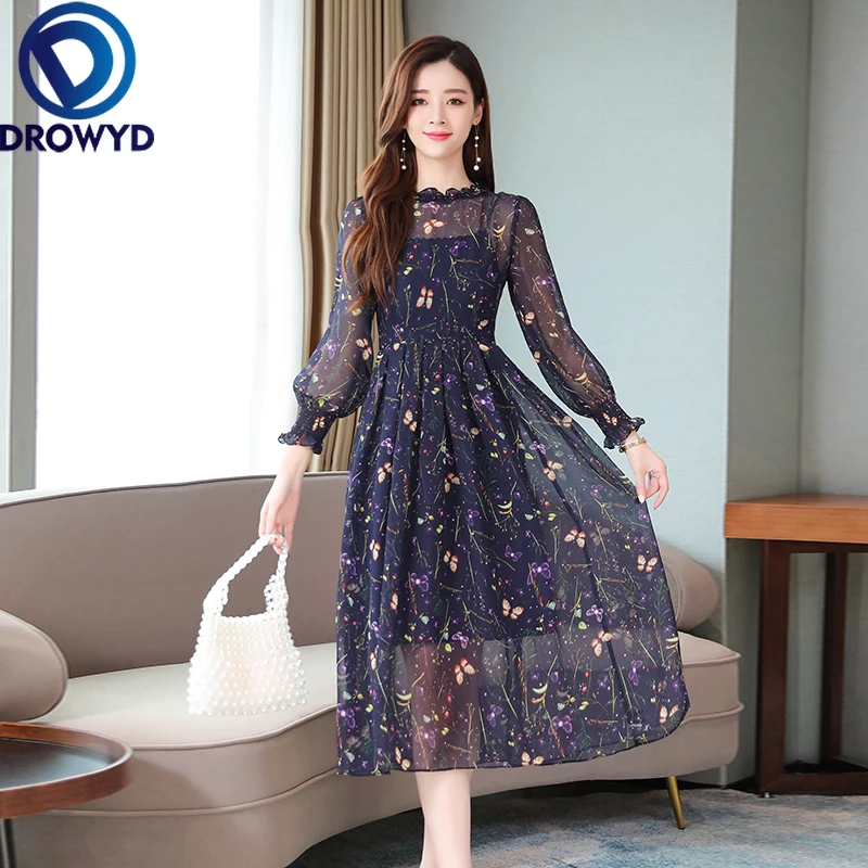 

Chiffon Floral Midi Dress Women Autumn Boho Casual Thin Long Sleeve O-neck Print Dress High Waist Holiday Party Dresses Vestidos
