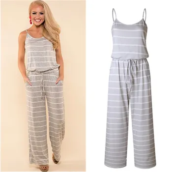 

2019 Women Lace Up Stripe Print Jumpsuit Summer Casual Loose Style Rompers Wide Leg Girls Beach Jumpsuits Female Overalls
