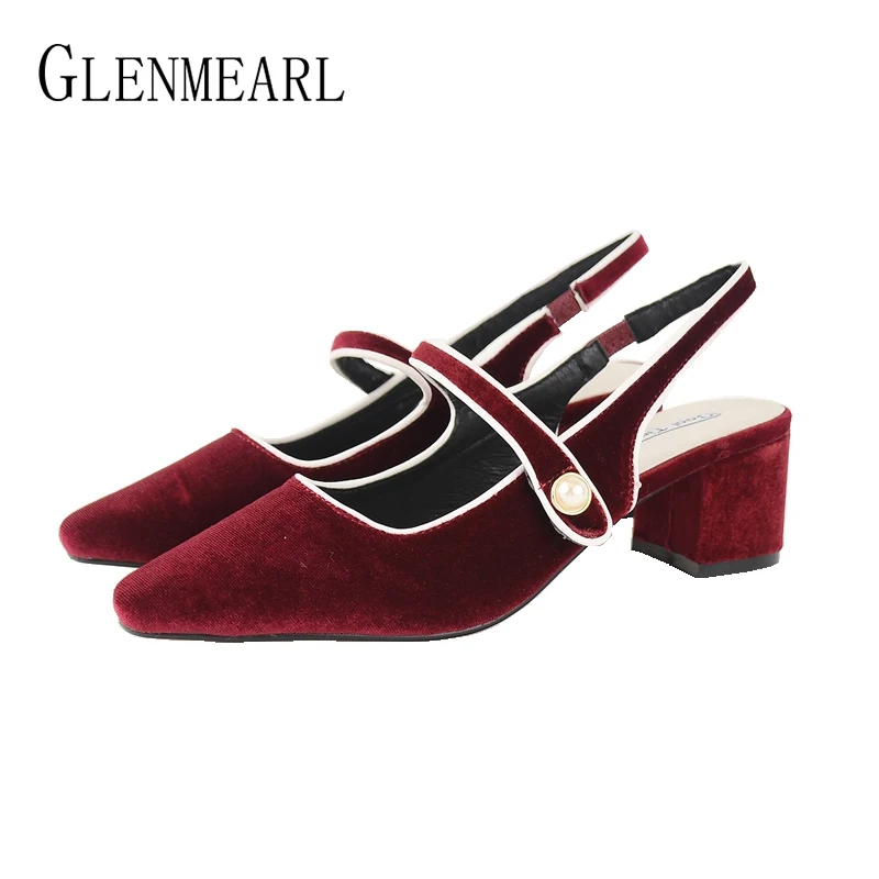 

Women High Heels Pumps Shoes Woman Flock Thick Heel Party Pumps Female Black Red Spring Pointed Toe 2020 New Arrivals DE