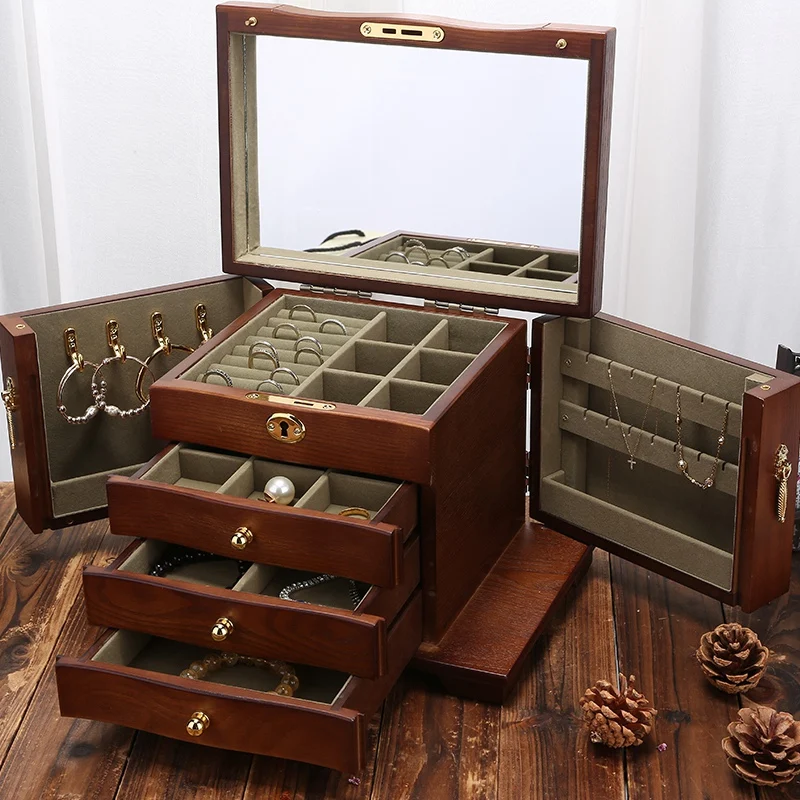 

High-grade wooden Jewelry box Four-tiers Ring Necklace Earrings storage box wooden with lock retro jewelry box Wedding gift