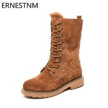 ERNESTNM/обувь из натуральной кожи; женские ботинки до середины икры; Botas Mujer; зимние плюшевые ботинки на меху; женские ботинки из свиной кожи на резиновой платформе