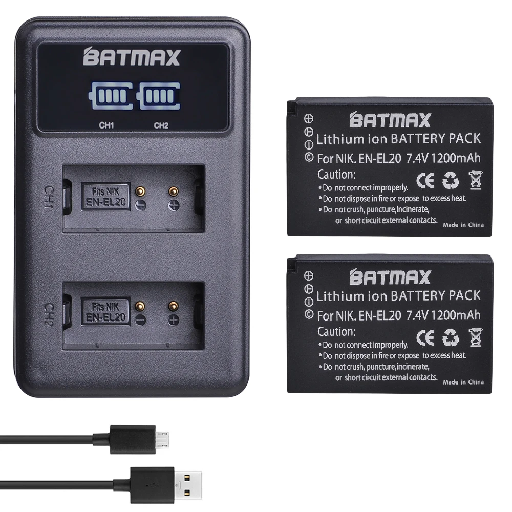 Batmax EN-EL20 EN-EL20A EN EL20 EN EL20a батарея+ светодиодный USB двойной зарядное устройство для Nikon Coolpix P1000 Nikon S1 J1, J2, J3 Nikon1 AW1 - Цвет: 2B with charger