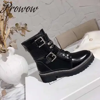 

Prowow Luxury Autumn Winter Genuine Leather BuckleStrap Ankle Boots Thick Heel Cutout Low Heel Boots Shoes Women
