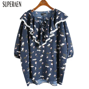 

SuperAen V-neck Ruffled Chiffon Shirt Women Summer 2020 New Wild Fashion Ladies Blouses and Tops Print Short Sleeve Shirts
