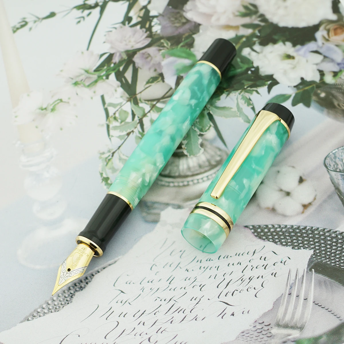 Kaigelu 316 Marble Green Celluloid Fountain Pen,EF/F/M Medium Nib Beautiful Pattern Ink Pen Writing Gift for Office Business