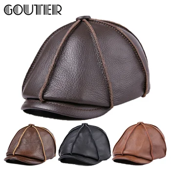 

GOUTER High-grade Vintage Classic Style Men Cowhide Leather Beret Hat Winter Casual Newsboy Cap