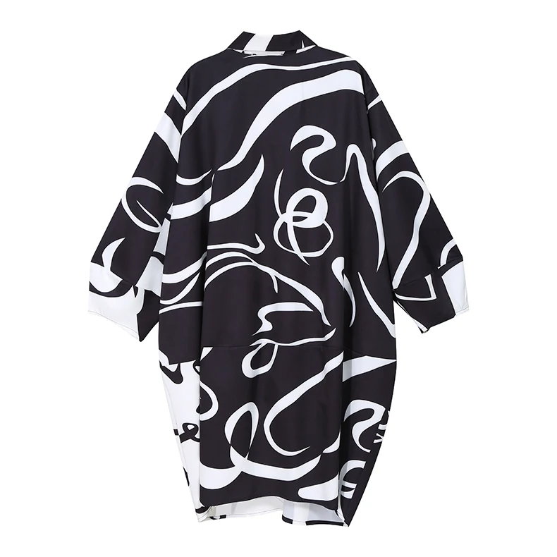 New Fashion Black And White Tie Dye Print Shirt Dress