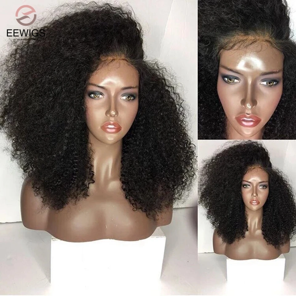 EEWIGS parte lateral rizado sintético peluca con malla frontal con el bebé pelo largo negro peluca sin pegamento resistente al calor pelucas para mujeres negras