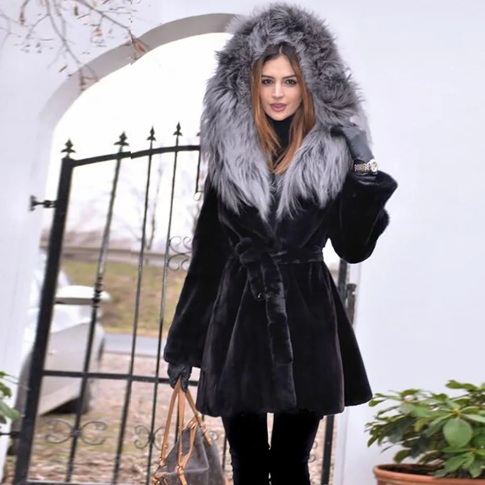 2019New Настоящий мех кролика пальто с толстым серебристым лисьим капюшоном Большой размер куртка для женщин кожа кролика рекс пальто натуральный RB-004