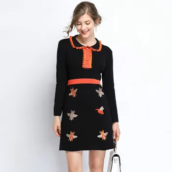 

New 2019 Autumn Winter Vintage Knitting Dress Women Peter Pan Collar Long Sleeve Bees Embroidery High Waist Short Sweater Dress