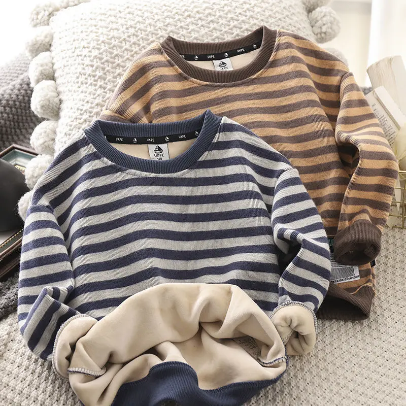 Boys' Fleece-Lined Sweater New Children's Stripe Thickening Warm Medium and Big Children's Boy Bottoming Shirt Long-Sleeved Top kids sweater kids hoodie sweatshirts