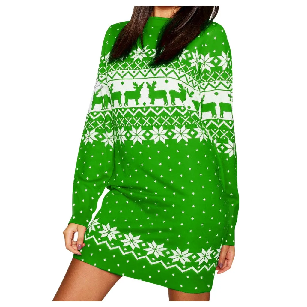 Vestidos ropa mujer, рождественское платье, женские толстовки с рождественским принтом, с длинным рукавом, снежинка, Мини платье для вечеринки, roupa feminina - Цвет: Green