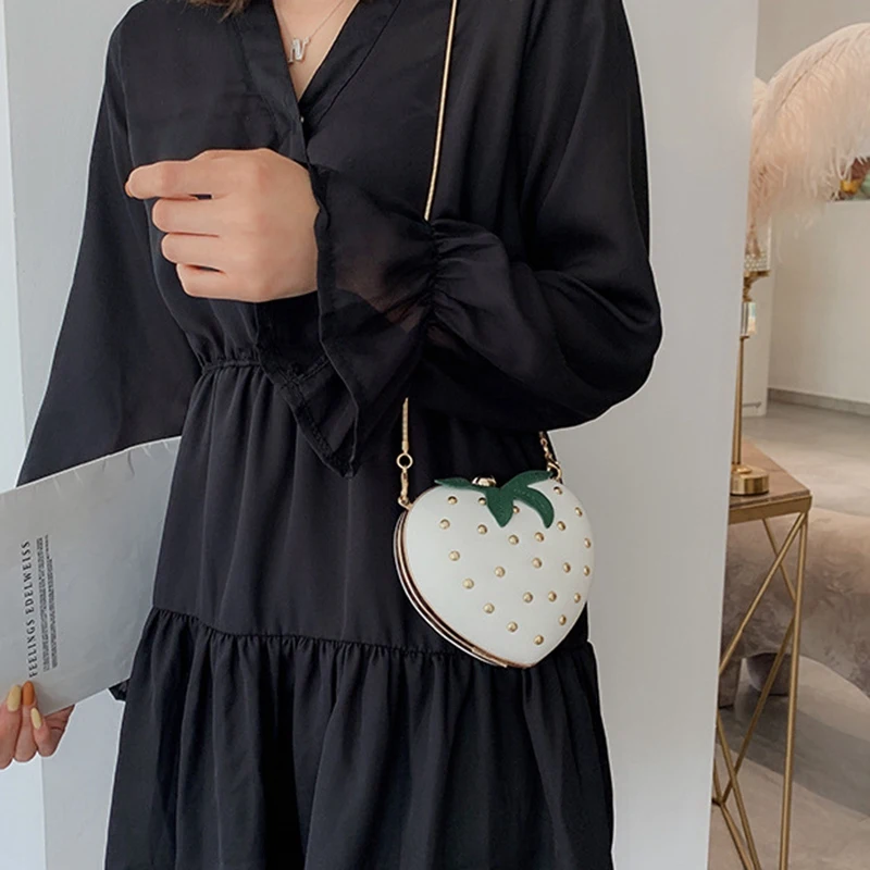 

Cute Strawberry Heart Shape Pu Studs Fashion Lady Chain Wallet Clutch Bag Shoulder Bag Handbag