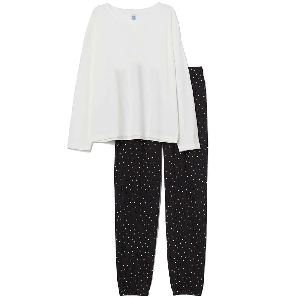 

Polka Dot Sets Pajamas Women Cute White Cotton Warm Long Sleeve T Shirt Trousers Nightwear Homewear Sleepwear Plus Size
