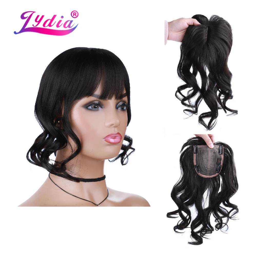 Lydia For Women Curly Synthetic Mixed Hair Extensions Toppers With Bangs Clips In Hairpiece Natural Black Hairline Wig 16Inch | Шиньоны и
