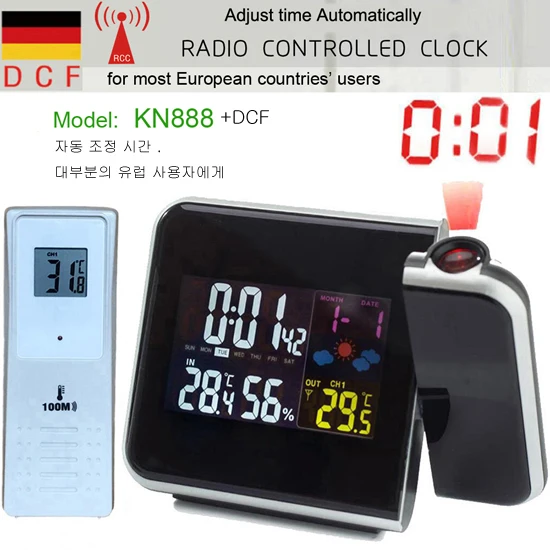 BLACK-RCC-1 Sensor Цифровой проекционный Будильник Метеостанция с термометром влажности гигрометр/прикроватный будильник проектор часы - Цвет: BLACK-RCC-1 Sensor