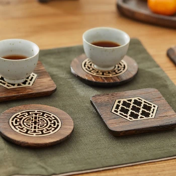 

4-piece Set Solid Wood Coasters Square and Round Desktop Heat-resistant Mat High-quality Carved Cup Pads Tea Cup Holder Bowl Mat