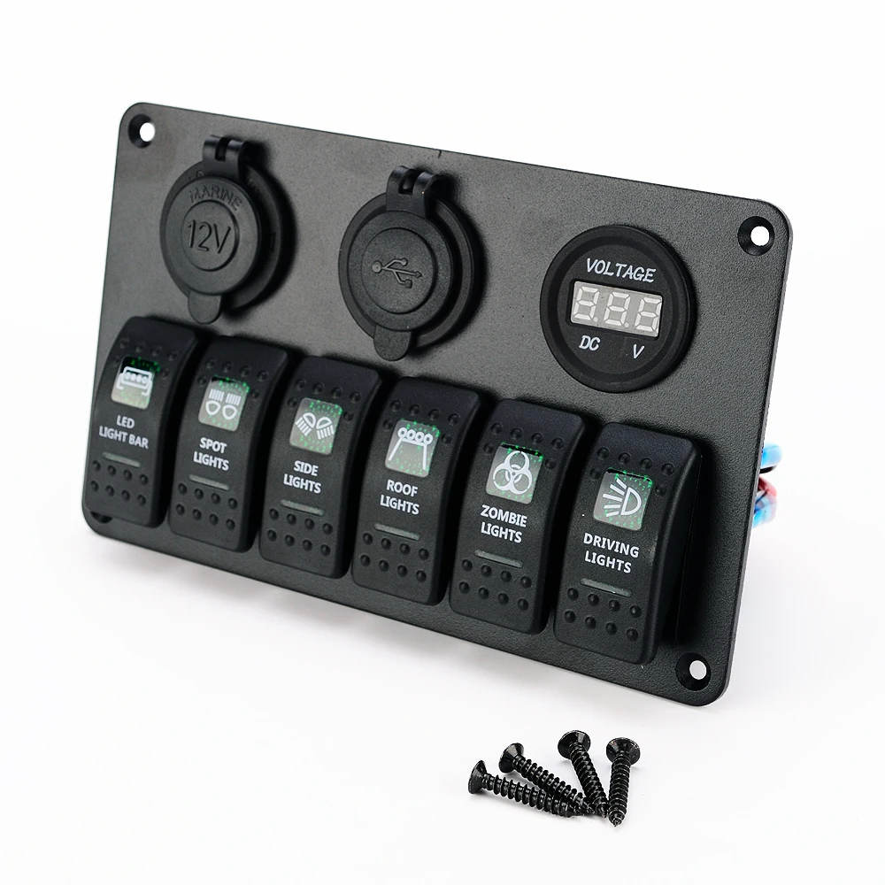 Предварительно проводной 12V 24V напряжение USB зарядное устройство зеленый 6 банд светодиодный переключатель