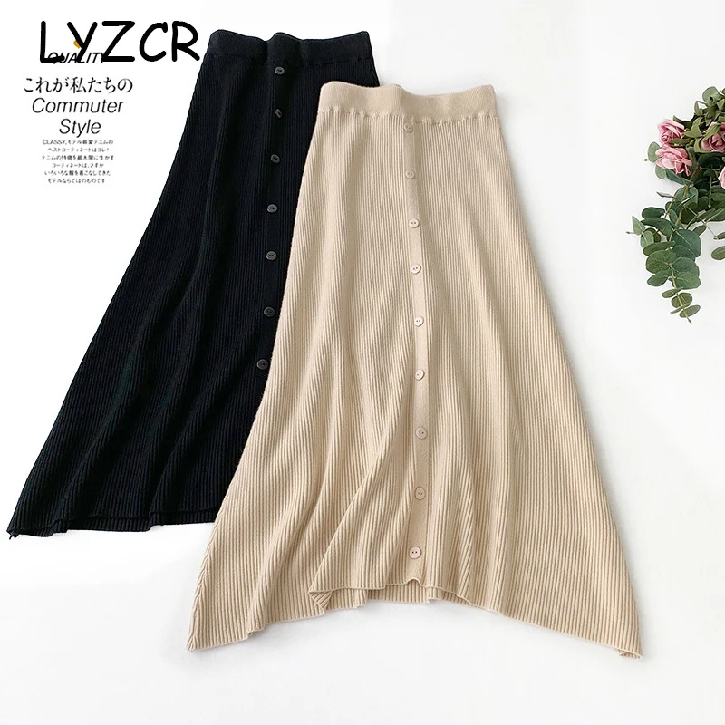 Midi Long Winter Knitted Skirt Women A Line High Waist Button Skirts For Women Elegant Skirts female Ladies Maxi Midi Skirt Saia