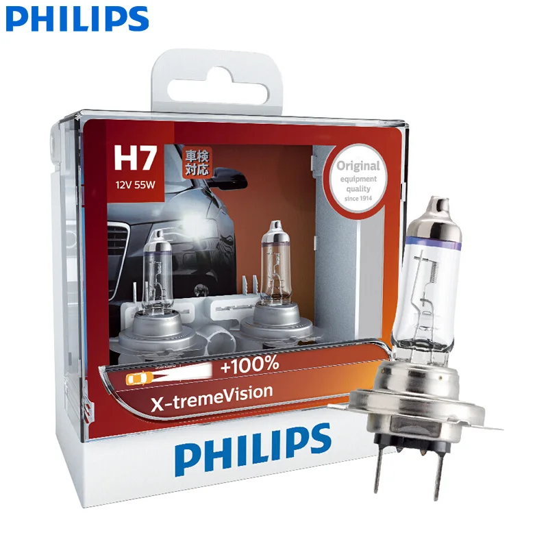 Светодиодная лампа Philips X-treme Vision H1 H4 H7 H11 9003 9005 9006 HB2 HB3 HB4 XV 12V+ более яркий светильник автомобильные галогенные лампы головного светильник, X2 - Испускаемый цвет: H7