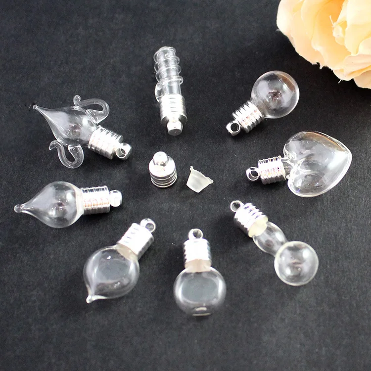 50pcs 6mm bottle mouth glass Vial Pendant silver color cap rice art name on rice craft necklace materia glass bottle charms