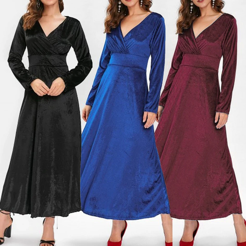 Autumn Women Dress Casual Full Sleeve V-Neck Ruched Dresses Thin Floral Solid Color Long Kaftan Dress Spring Ladies Girls 806