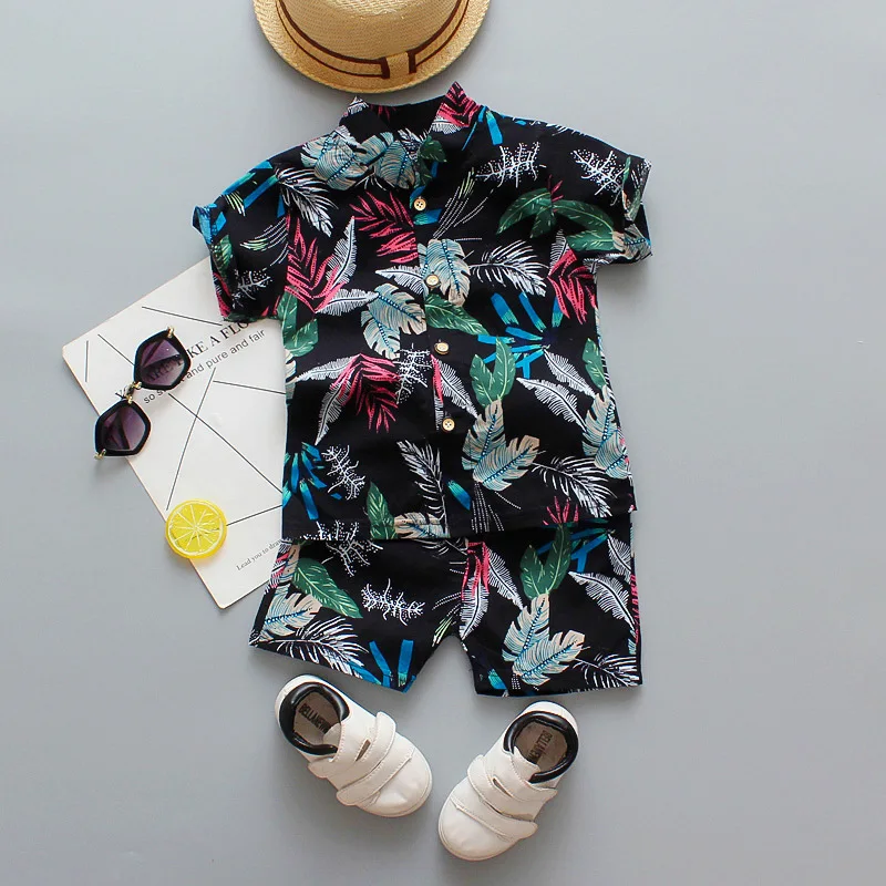 Boys Summer Clothing 1 2 3 4 Years Kid Baby Set Fashion Beach Leaf Flower Print Shirt Holiday Outfit Costume |