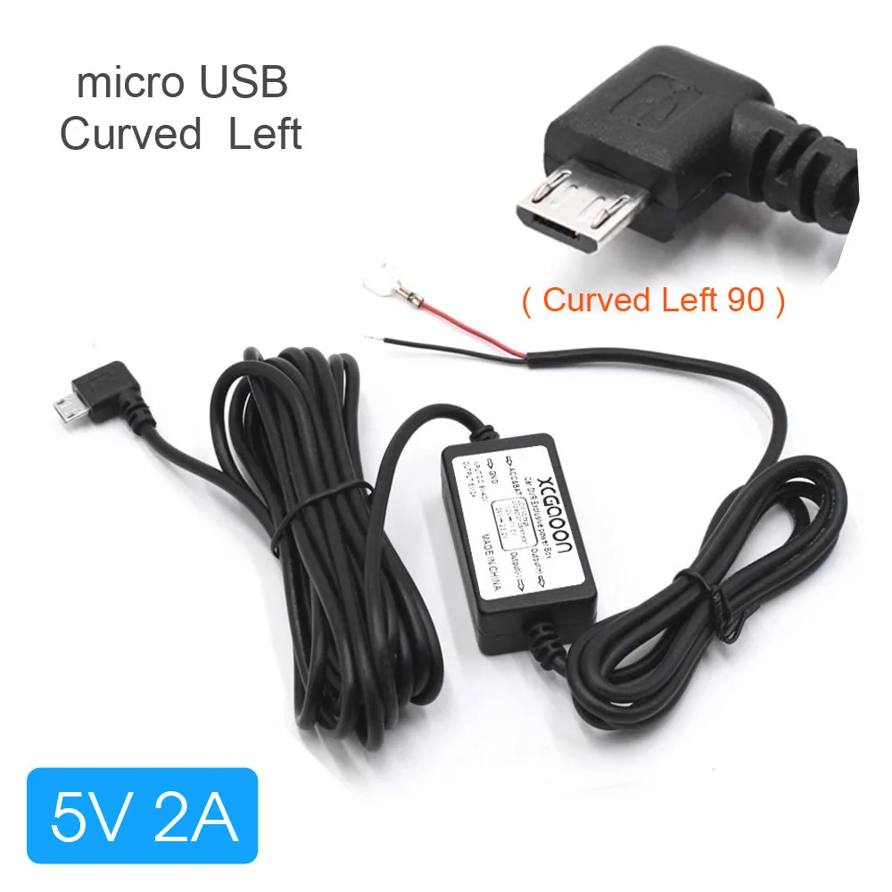 XCGaoon DC 12 В до 5 В 2 а 3,5 м автомобильный зарядный кабель мини/микро USB жесткий провод шнур автоматическая зарядка для видеорегистратора автомобиля DVR - Название цвета: Micro Curved Left