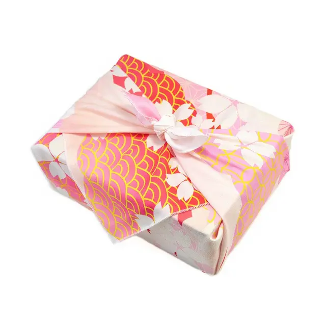 Japán Stílusú Zsebkendő Furoshiki Poliészter Anyag /Tömör Rózsaszín Sakura Az Egyik Oldal Nyomtatott /Sok Felhasználás