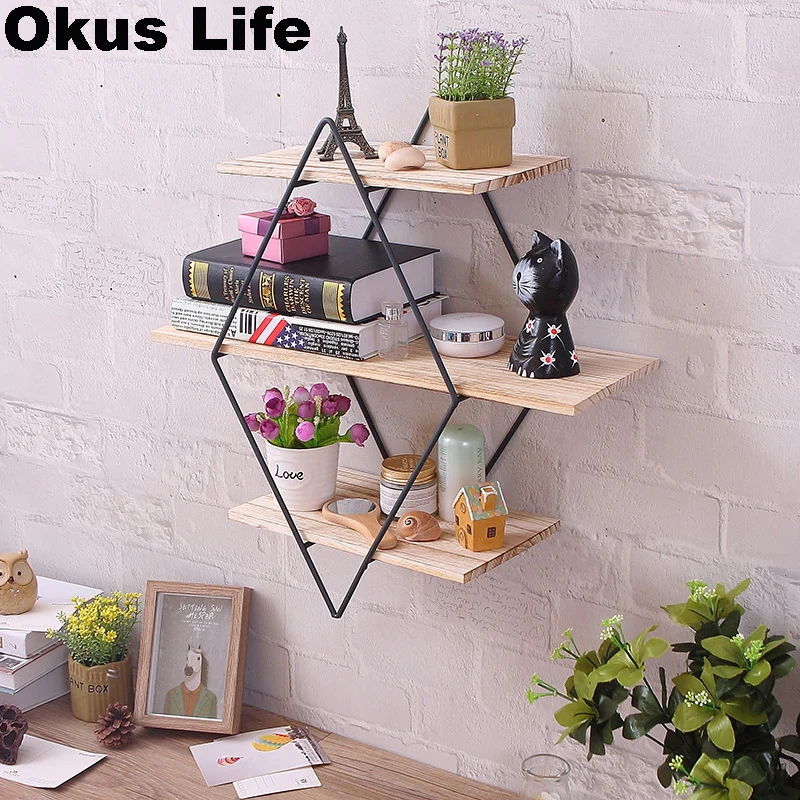 

Rhomb Wall Metal Wooden Storage Racks Hanging Decor Storage Box Flower Pot House Storage Rack Wall Book Figurines Display Crafts
