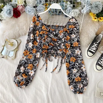 

vintage floral women blouse 2020 summer new chiffon lantern sleeved square collar drawstring short high waist female pulls tops