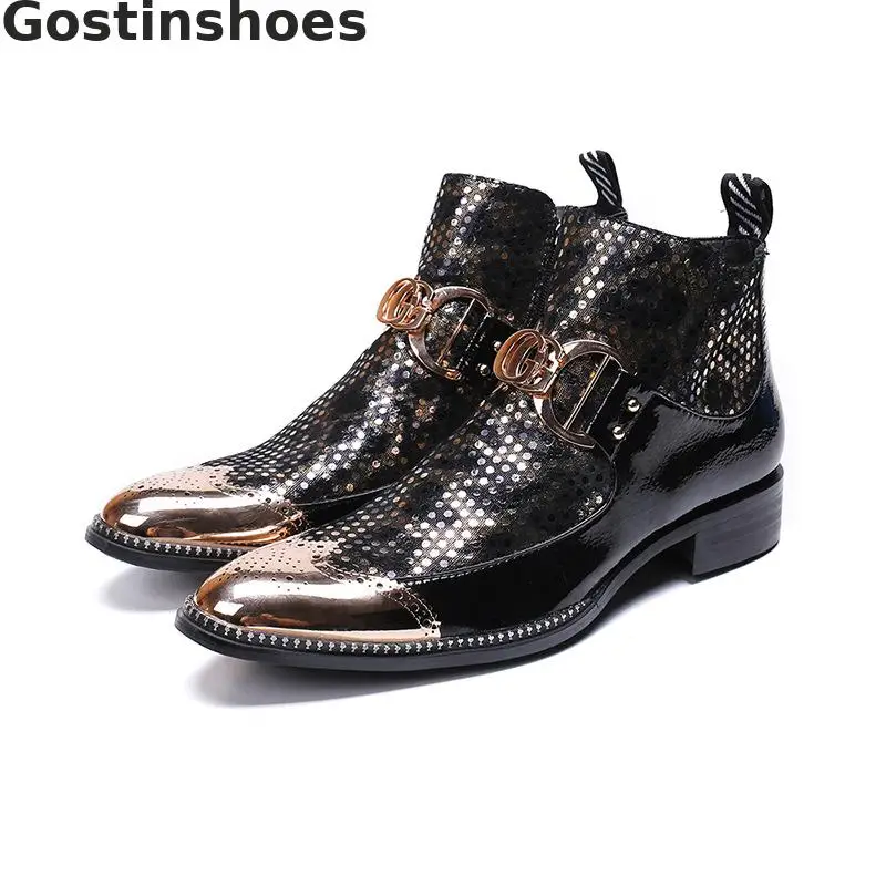 

Luxury Men Winter Boots Genuine Leather Polka Dots Decoration Rivets Men Short Ankle Boots Metal Cap Toe Buckle Strap Men Boots