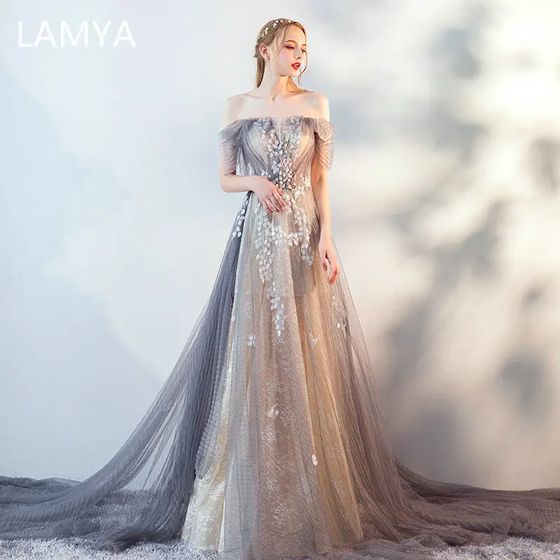 

LAMYA Luxury a Line Evening Party Dress Elegant Lace Boat Neck Formal Gown for Graduation Appliques Crystal Vestido De Festa