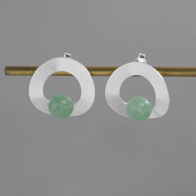 

INATURE 925 Sterling Silver Green Aventurine Big Geometric Earrings For Women Fashion Statement Stud Earrings Modern Jewelry