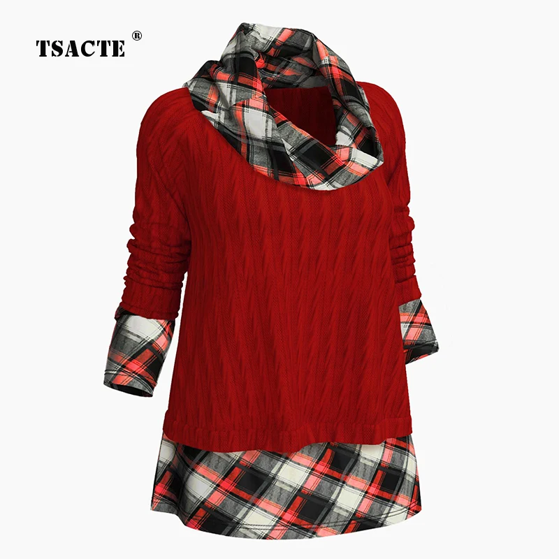 

Fashion Stitching Women's Knit Sweatshirt Pullover OL Commuter Plaid Loose Sweater Autumn Winter Fake Two-Piece Females clothing