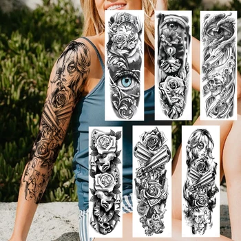 

Full Arm Temporary Tattoos Sticker For Women Men Fake 3D Evil Eyes Gangster Gun Rose Tattoos Decal Realistic Sleeve Large Tatoos
