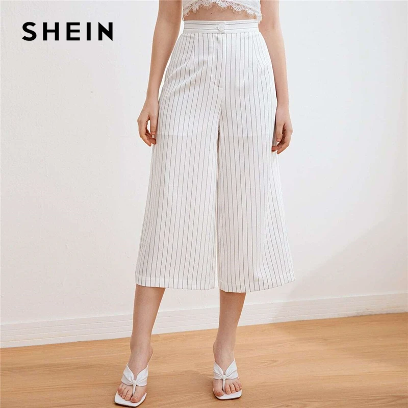 SHEIN White Zipper Fly Striped Palazzo Capri Pants Women Summer Office Ladies Casual Trousers Wide Leg Cropped Pants SHEIN White Zipper Fly Striped Palazzo Capri Pants Women Summer Office Ladies Casual Trousers Wide Leg Cropped Pants