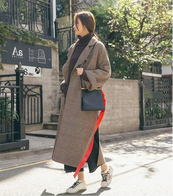 New Autumn Long Women Wool Coat Lapel Fashion Belt Slim Female Elegant Vintage Jacket Overcoat For Office Ladies Plus Size f1512