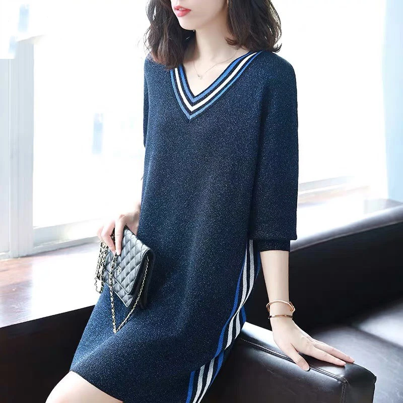 

Vogue Stripe Pattern V Neck Knitted Dress Women Autumn High Street Style Three Quarter Sleeve Women Dress Casual Clothes LS082