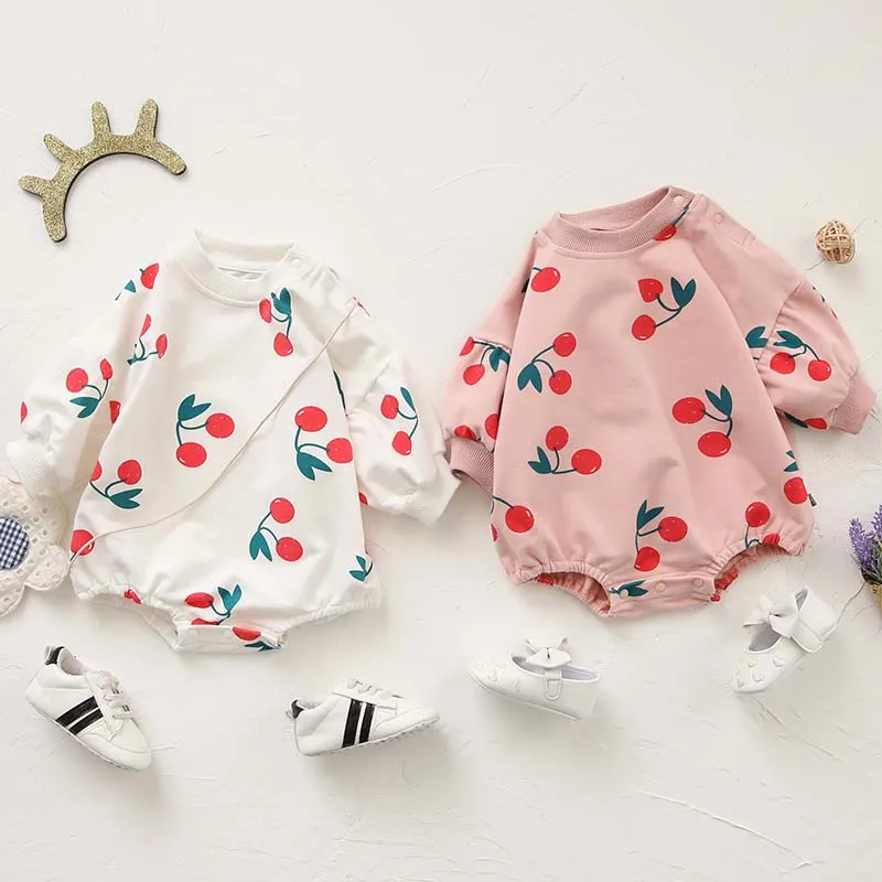 

2019 New Spring And Autumn Baby Long-sleeve Fashion Baby Girl Cherry Printing Romper Infant Cotton Clothes Baby Romper