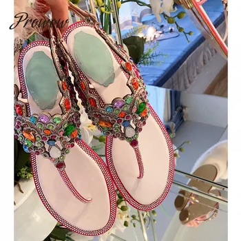 

Prowow New Fashion Runway Genuine Leather Crystal Jewel Beading Sandals Open Toe Party Beach Sandals Flats Shoes Women