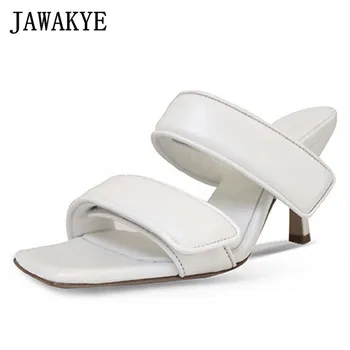 

JAWAKYE Woman Magic Tape Leather Runway Mules Casual One Strap Comfort High Heel Sandals Square Open Toe Leisure Dress Slides