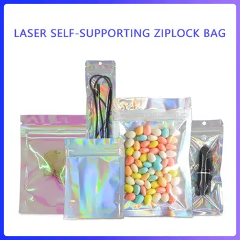 

100Pcs Iridescent Zip lock Bags Jewelry Bag One Side Clear Holographic Laser Mini Aluminum Foil Zip Lock Bag Thick Candy Storage